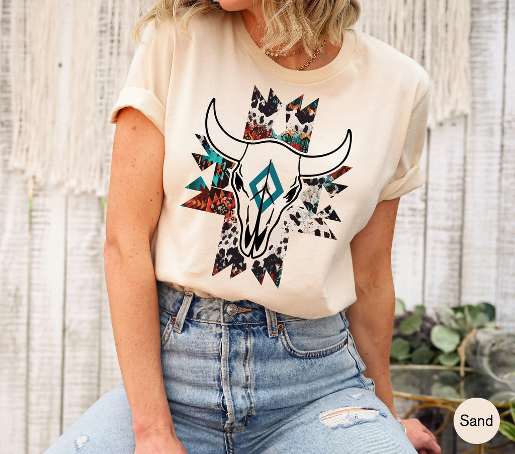 Boho Bull Skull Shirt, Women's Country Shirt, Wallen Sweatshirts, Cowboy Rodeo Shirt, Cowgirl Shirts, Country Hoodie, Cowskull Shirts