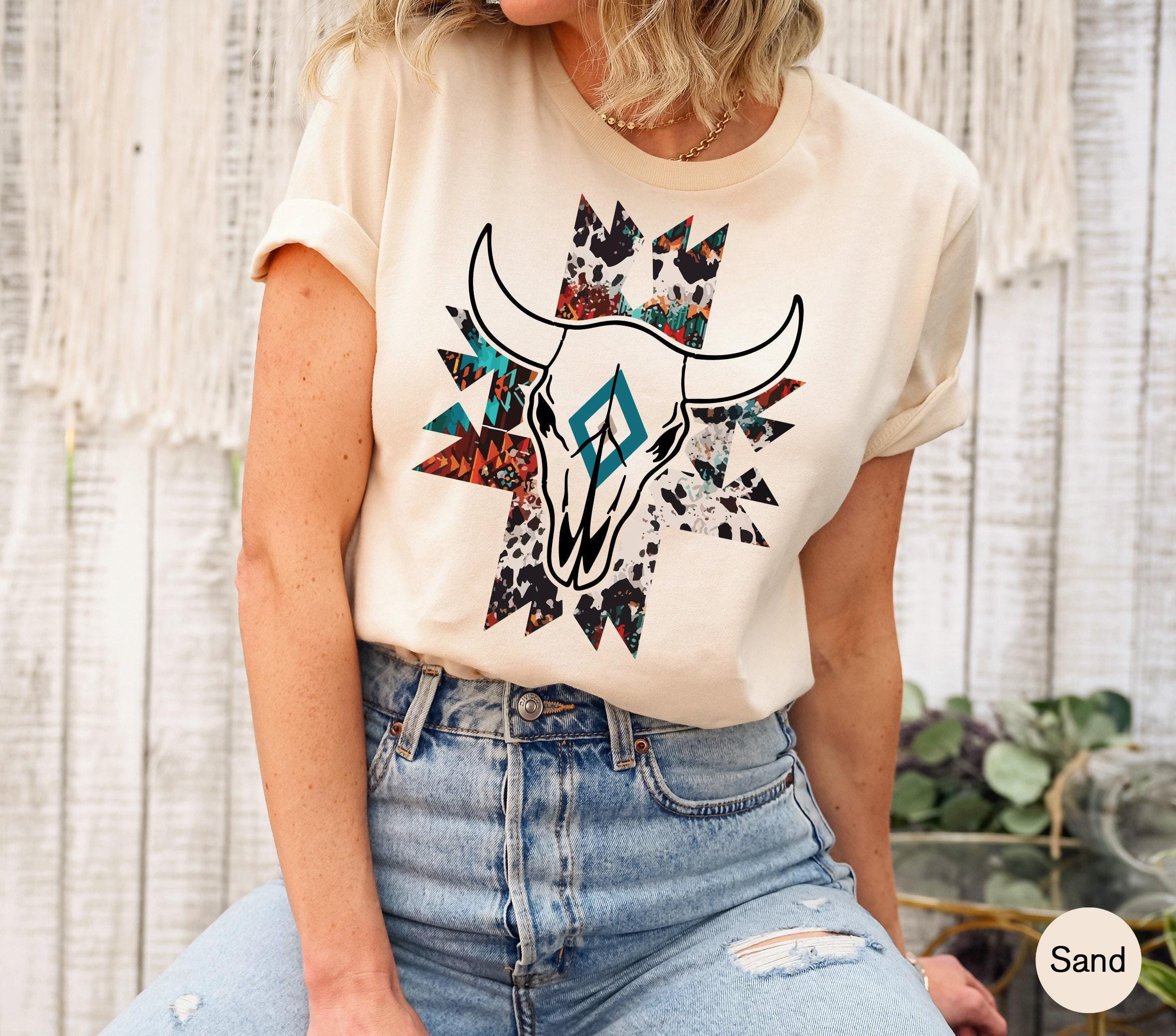 Boho Bull Skull Shirt, Women's Country Shirt, Wallen Sweatshirts, Cowboy Rodeo Shirt, Cowgirl Shirts, Country Hoodie, Co