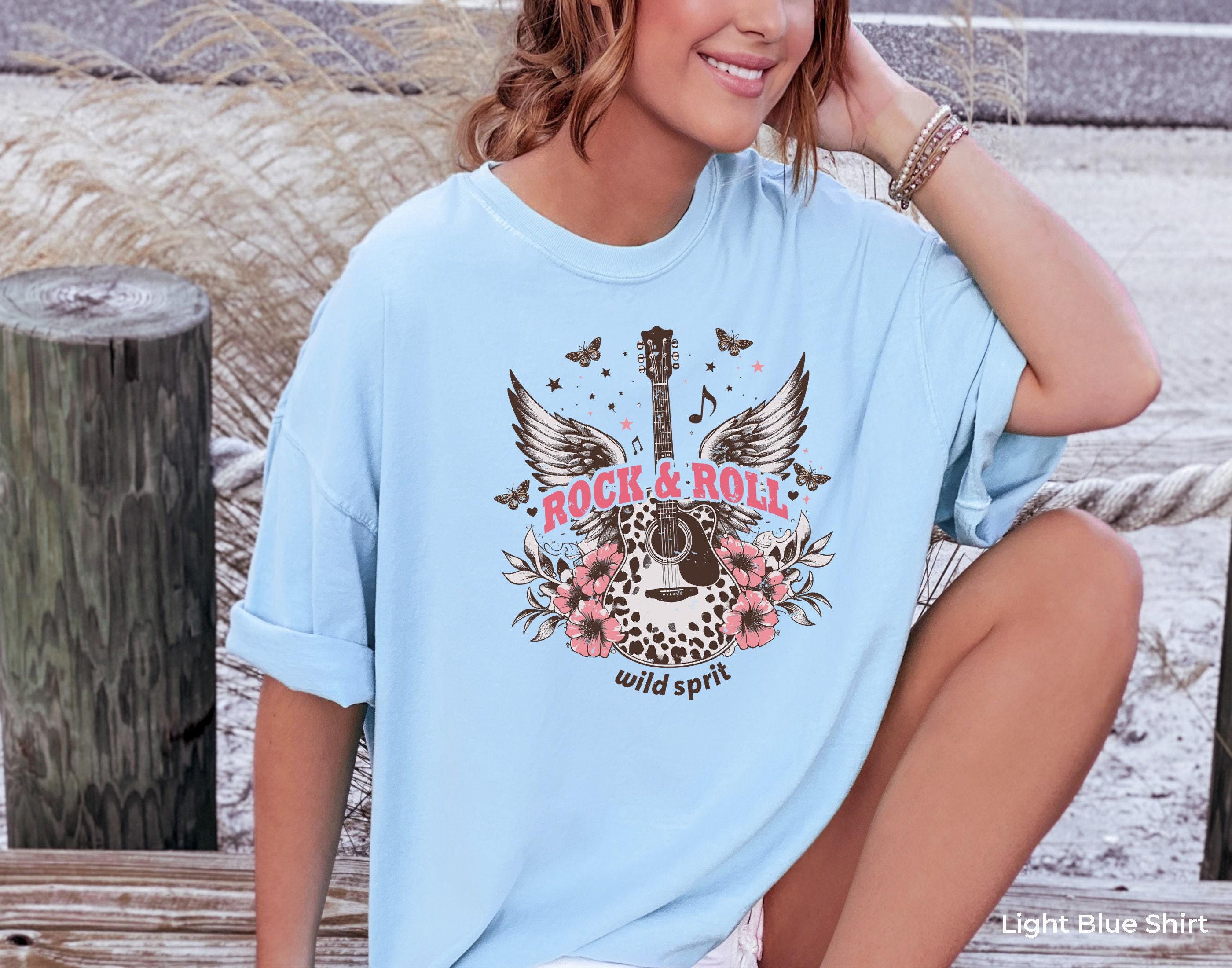 Rock And Roll Wild Sprit Tees, Trendy Rock Guitar Sweatshirts, Flying Flowers Themed Hoodie, Music Lover Shirts, Gifts For Girlfriend