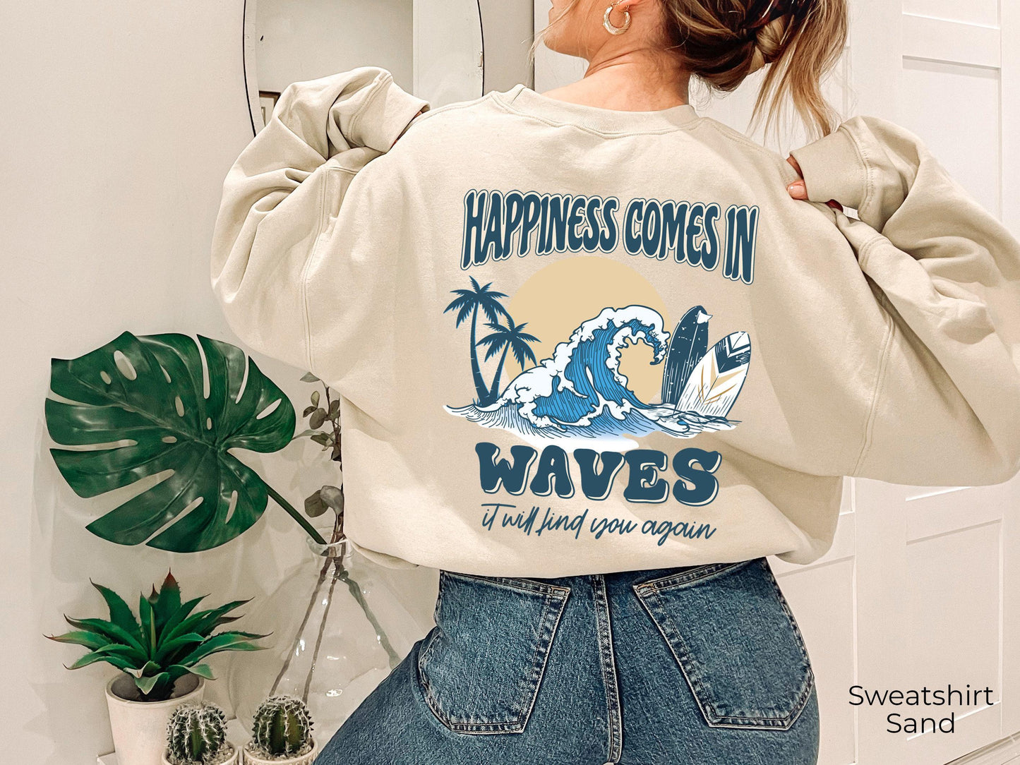 Happiness Comes In Waves Hoodie, Women's Aesthetic Sweatshirt,  Hoodie, Retro Summer Tshirt, Coconut Girl Shirt, Best Friend Gifts