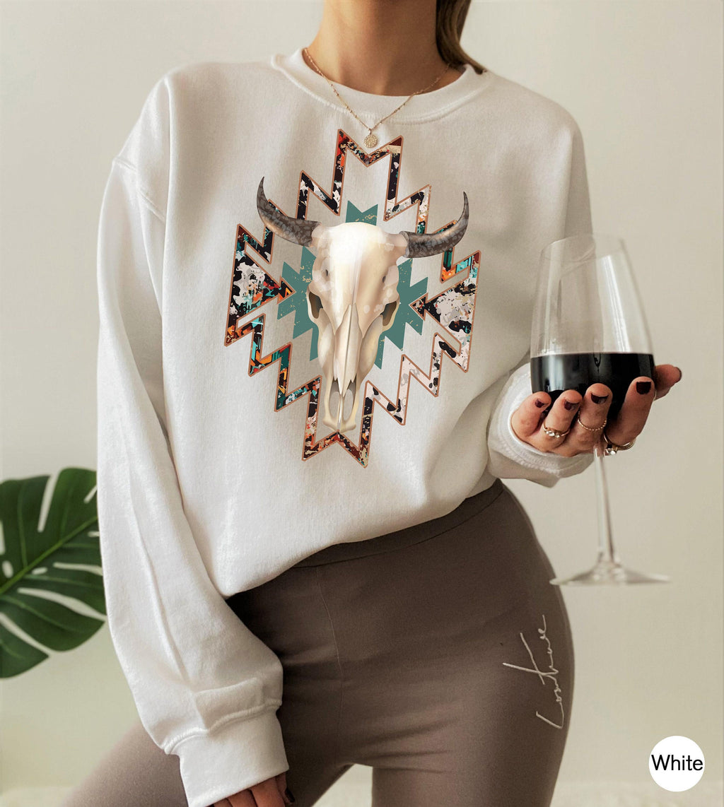 Boho Floral Bull Skull Sweatshirt, Western Cowgirl Hoodie, Country Rodeo Tops