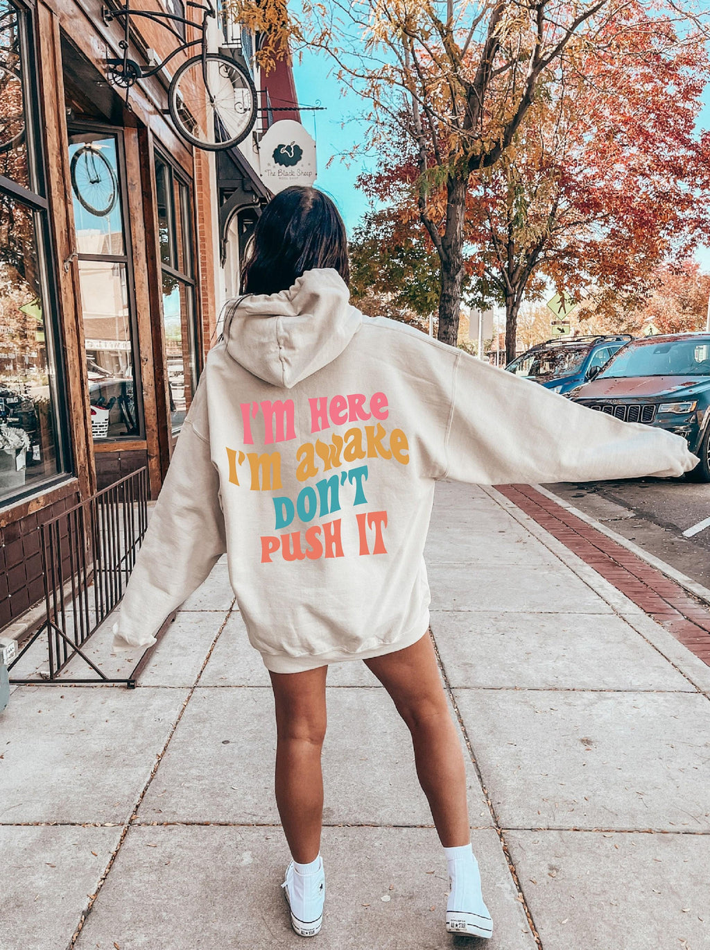 I'm Here I'm Awake Don't Push It Hoodie, Coffee Lover Shirt, Drinking Sweatshirt, Alcohol Lover Sweater, Trendy Gift For Cool Friends