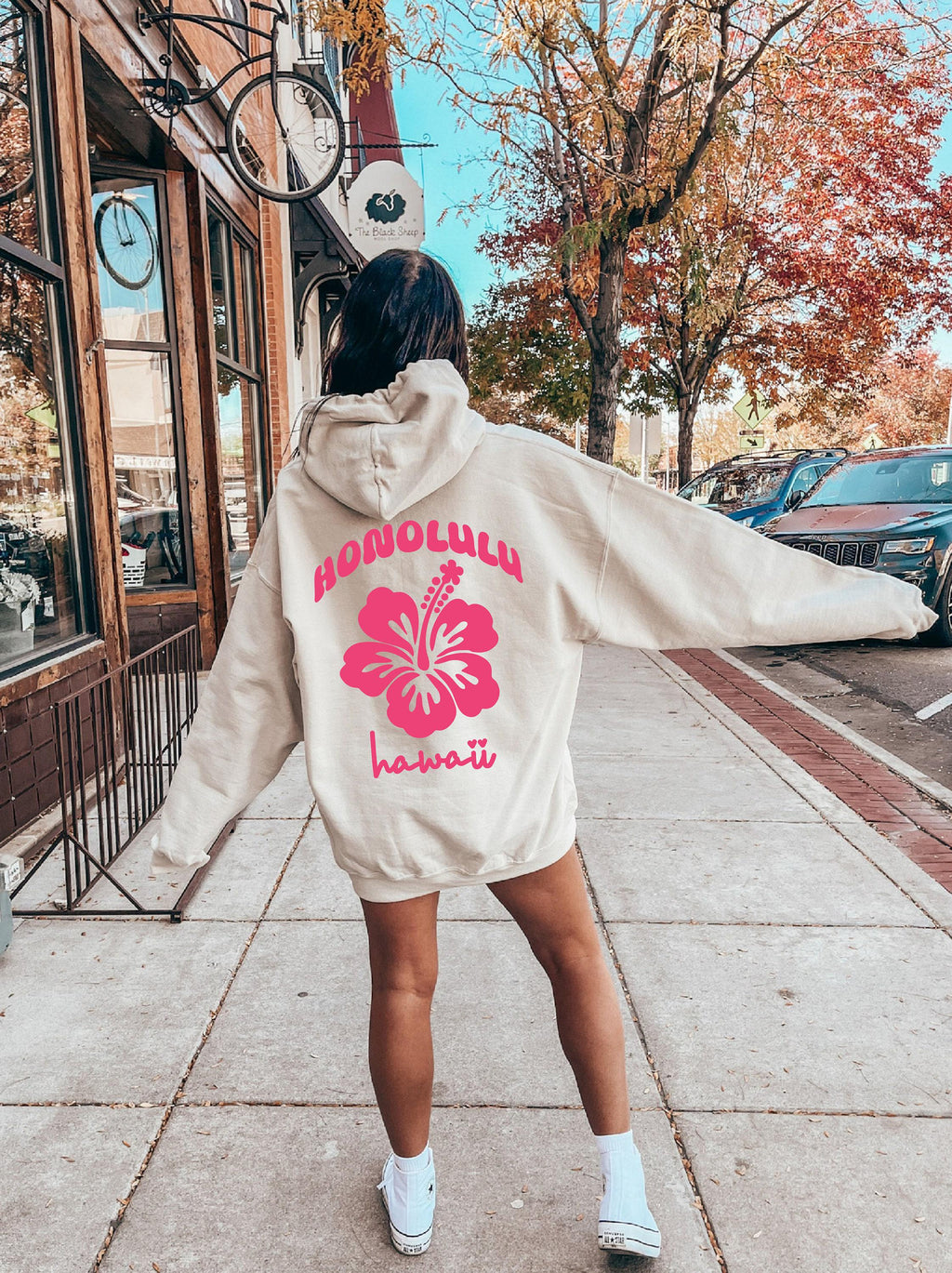 Trendy Honolulu Hawaii Sweatshirt, Hibiscus Flower Hoodie, Aesthetic Sweater For Women, Pinterest Pullover, Pink Flower Hoodie