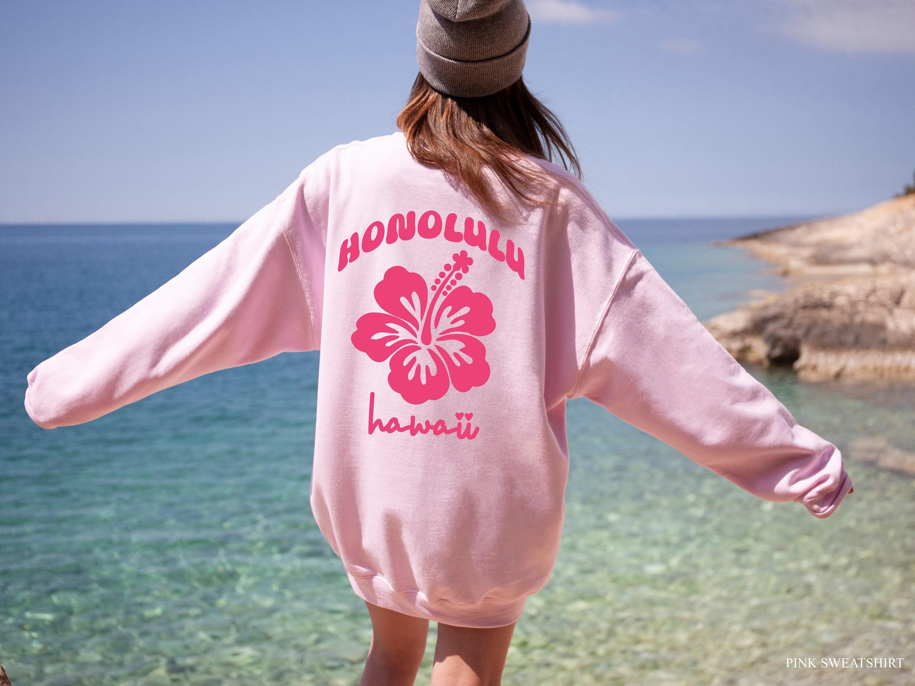 Trendy Honolulu Hawaii Sweatshirt, Hibiscus Flower Hoodie, Aesthetic Sweater For Women, Pinterest Pullover, Pink Flower 
