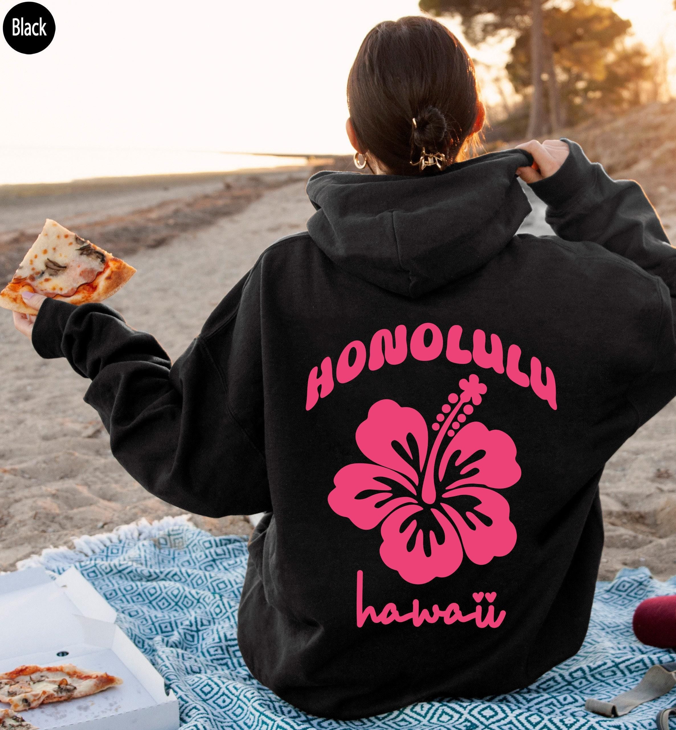 Trendy Honolulu Hawaii Sweatshirt, Hibiscus Flower Hoodie, Aesthetic Sweater For Women, Pinterest Pullover, Pink Flower 