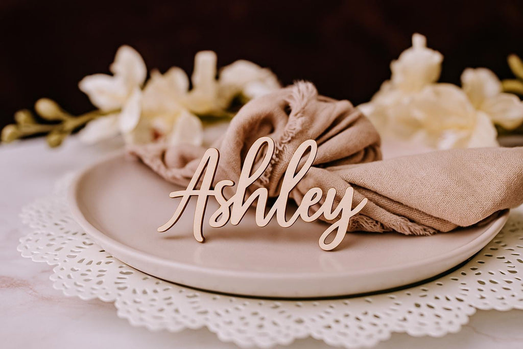 Custom Wood Name Tag, Elegant Wedding Place Card, Personalized Wooden Name Sign for Table Settings, Customized Special Dinner Name Sign,
