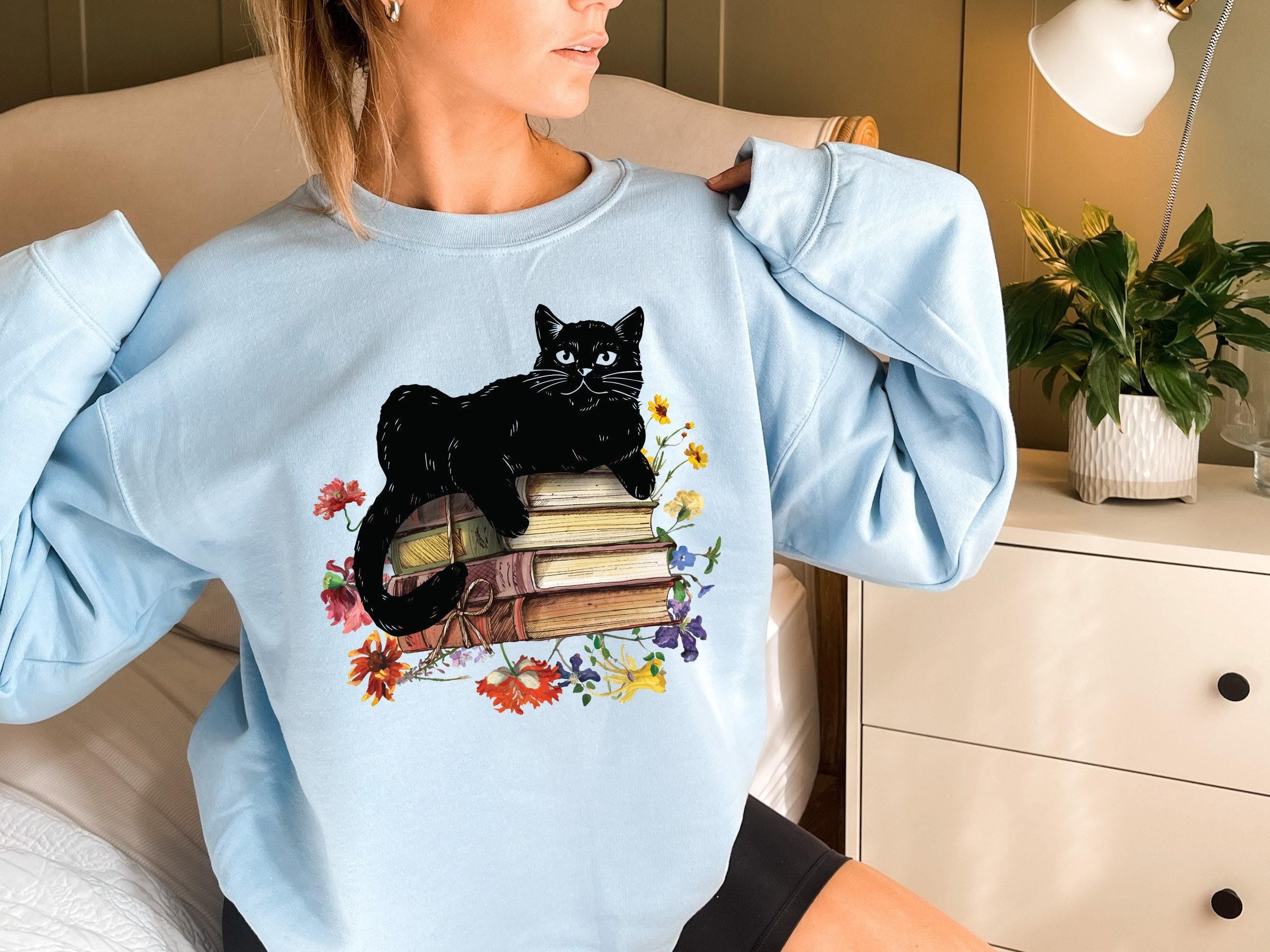 Flowery Cat Sweatshirt, Aesthetic Cat Lover Hoodie, Flower Cat Shirt For Bookworm, Cat Mom Shirt, Book Lover Shirt, Read