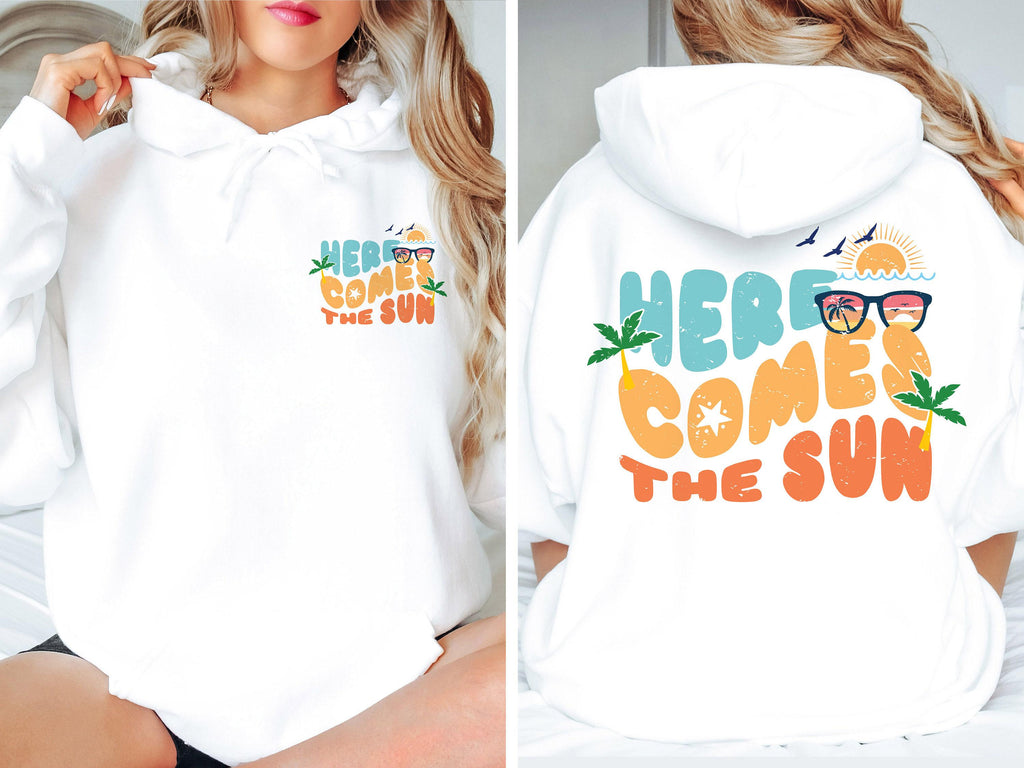 Here Comes The Sun Hoodie, Trendy Summer Season Shirt For Women, Beach Sweater, Minimalist Holiday Themed Sweatshirt, Gift For Bestie