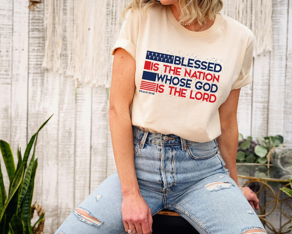 Blessed is the Nation Whose God is the Lord T-Shirt, American Flag Sweatshirt, Embroidered T-Shirt, Psalm 33:12 Shirt, Patriotic Gift