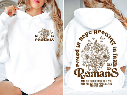Rooted In Hope Growing In Faith Hoodie, Faith Based Bible Verse Shirt, Wildflowers Christian Sweatshirt, Religious Gift For Mother