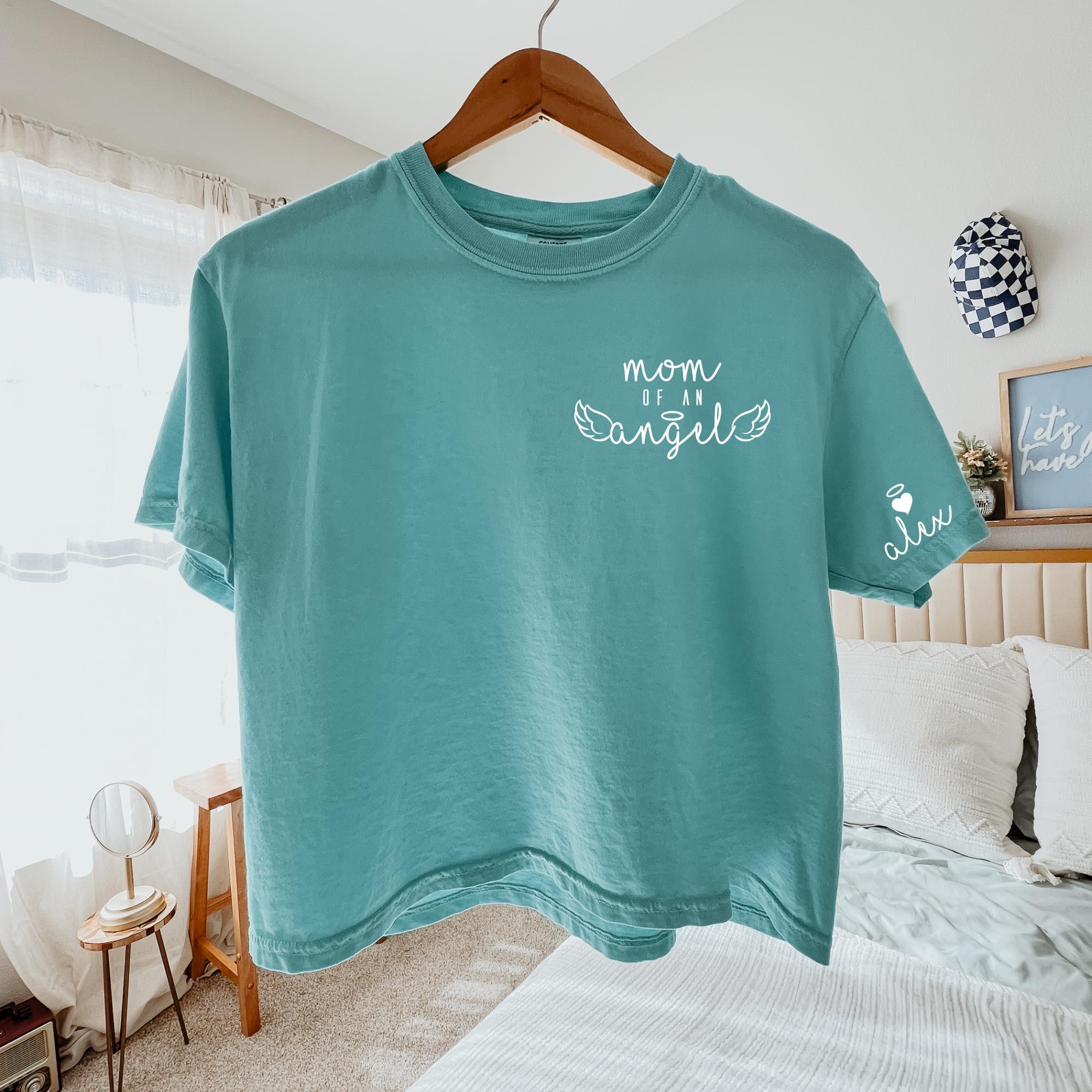 Custom Comfort Colors Mom of An Angel Shirt, Personalized Baby Memorial Boxy Tee, Mourning Themed Name on Sleeve Shirt, Gift for Mom