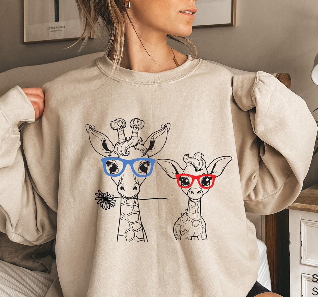 Mama And Baby Giraffe Sweatshirt, Cute Giraffe Family Shirts, Giraffes With Glasses Tee, Zoo Animals Hoodie, Gifts For Animal Lover