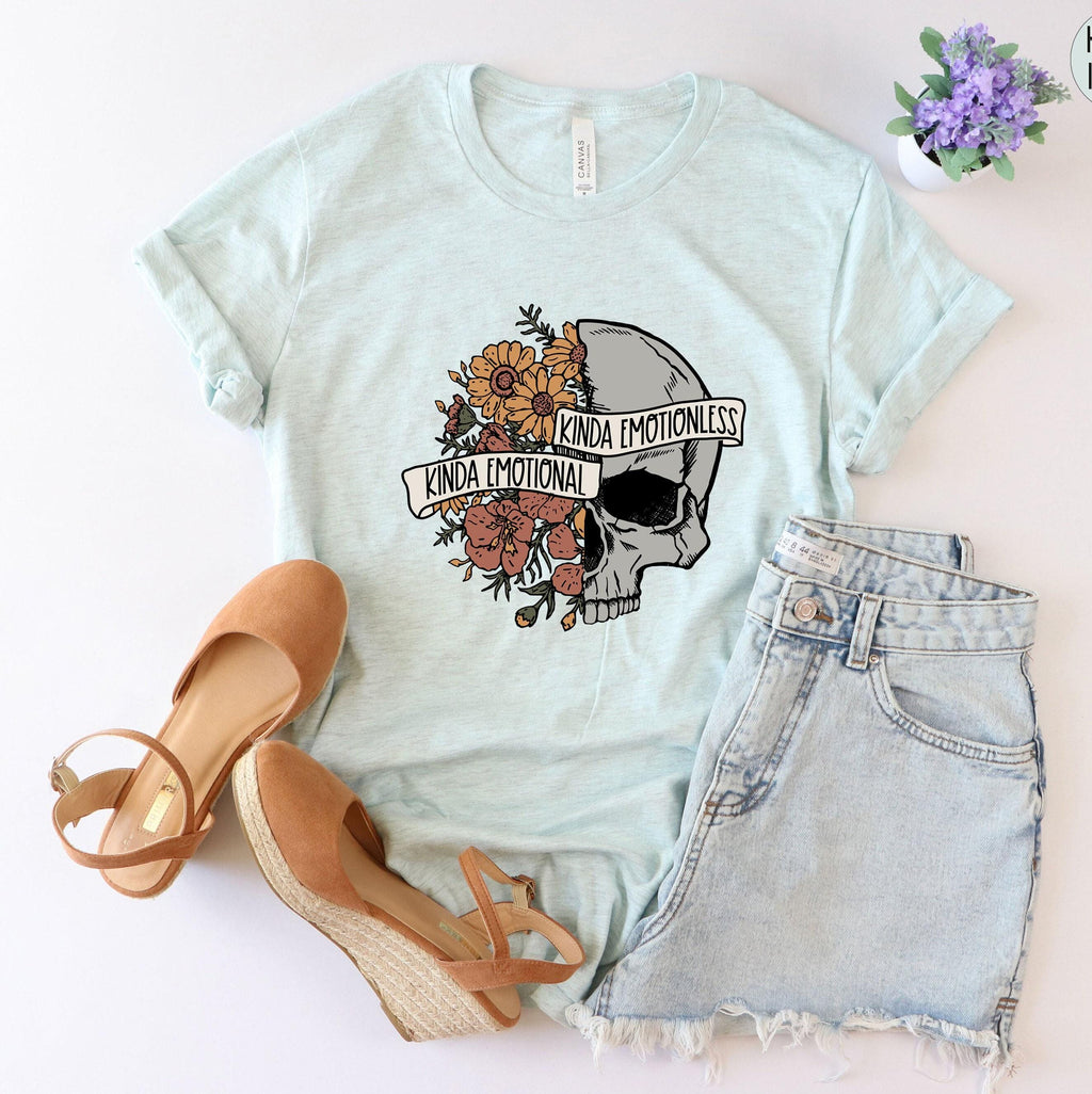 Kinda Emotional Kinda Emotionless Sweatshirt, Flower Skull Shirt, Mental Health Awareness Hoodie, Motivational Tee, Skeleton Tshirt