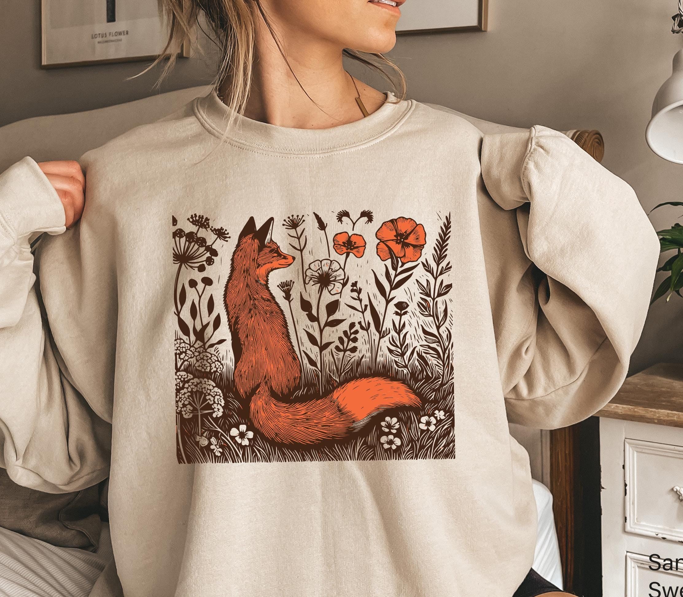Cottagecore Fox Sweatshirt | Woodland Animals Sweater, Fox Lover Gift, Forest Animal Hoodie, Floral Fox Shirt, Wildflower Meadow, Cute Shirt