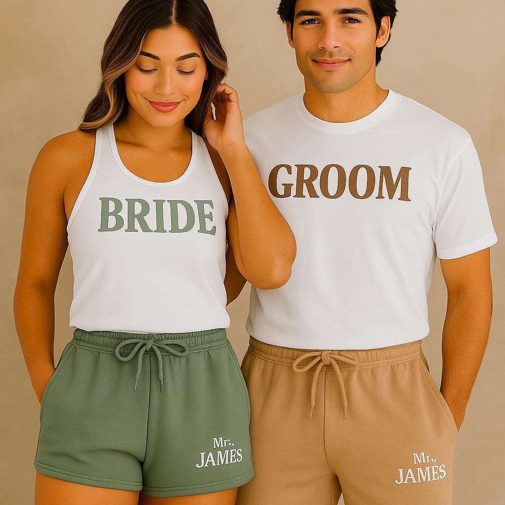 Custom Bride and Groom Matching Set | Personalized Mr. & Mrs. Shorts and Shirts, Mrs Name Gift, Newly Wed Gift, Mr And Mrs Shirt, Sweatshirt
