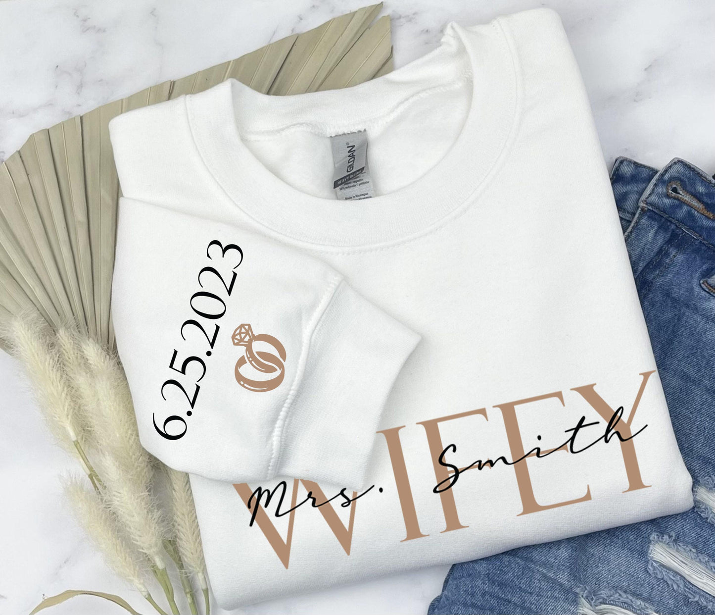 Custom Wifey Sweatshirt With Anniversary Date | Custom Mrs Shirt With Wedding Date, Bridal Party Gifts, Bridal Shower Gifts, Gift Wife For