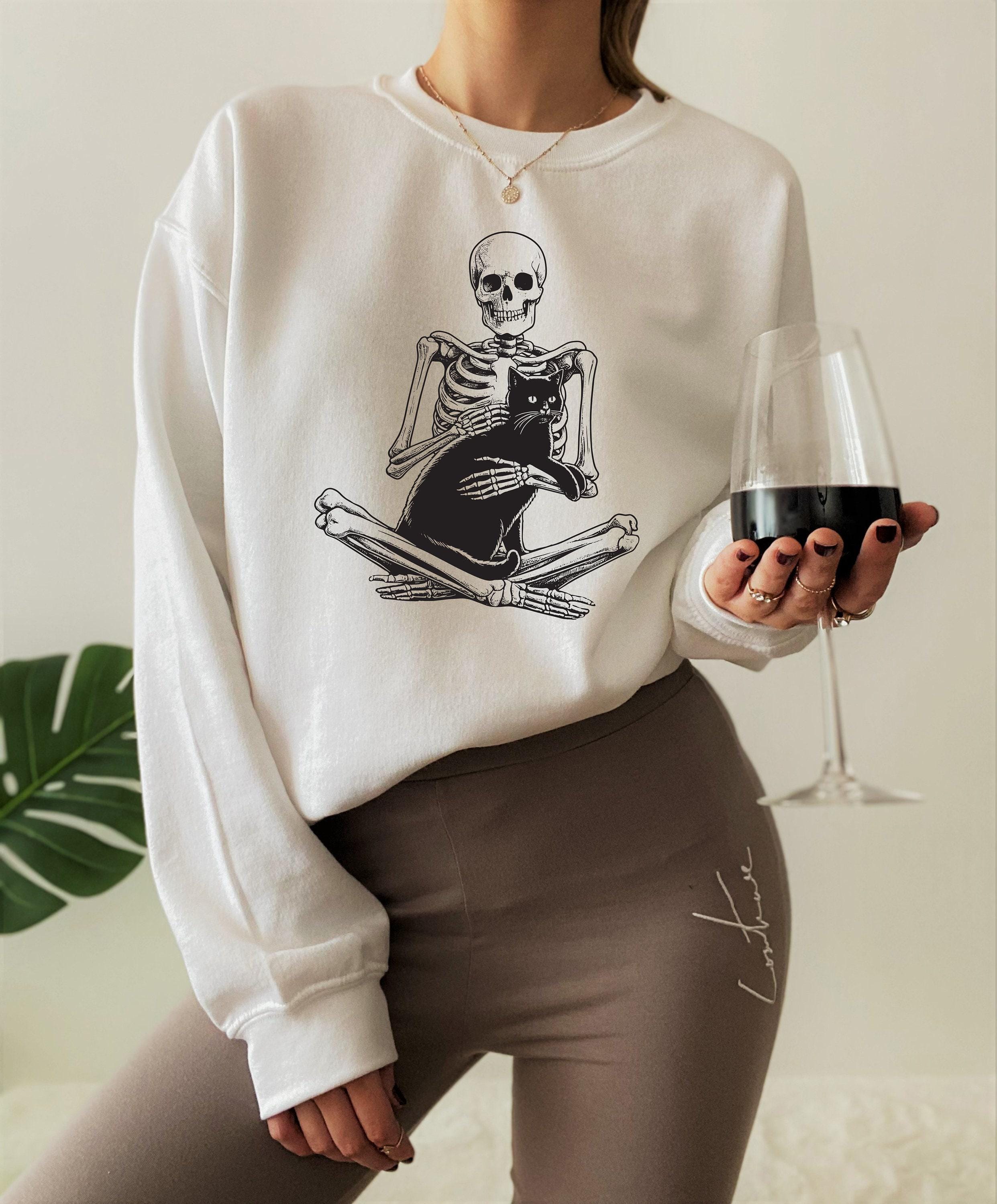 Skeleton Holding Cat Sweatshirt, Skeleton And Black Cat Shirt, Spooky Cat Lady Tee, Gothic Cat Owner Hoodie, Trendy Cat 