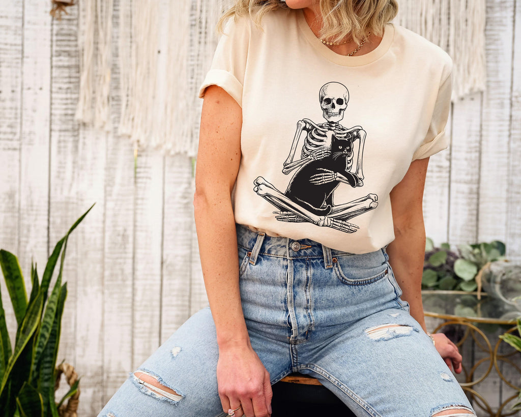 Skeleton Holding Cat Sweatshirt, Skeleton And Black Cat Shirt, Spooky Cat Lady Tee, Gothic Cat Owner Hoodie, Trendy Cat Mama Gift