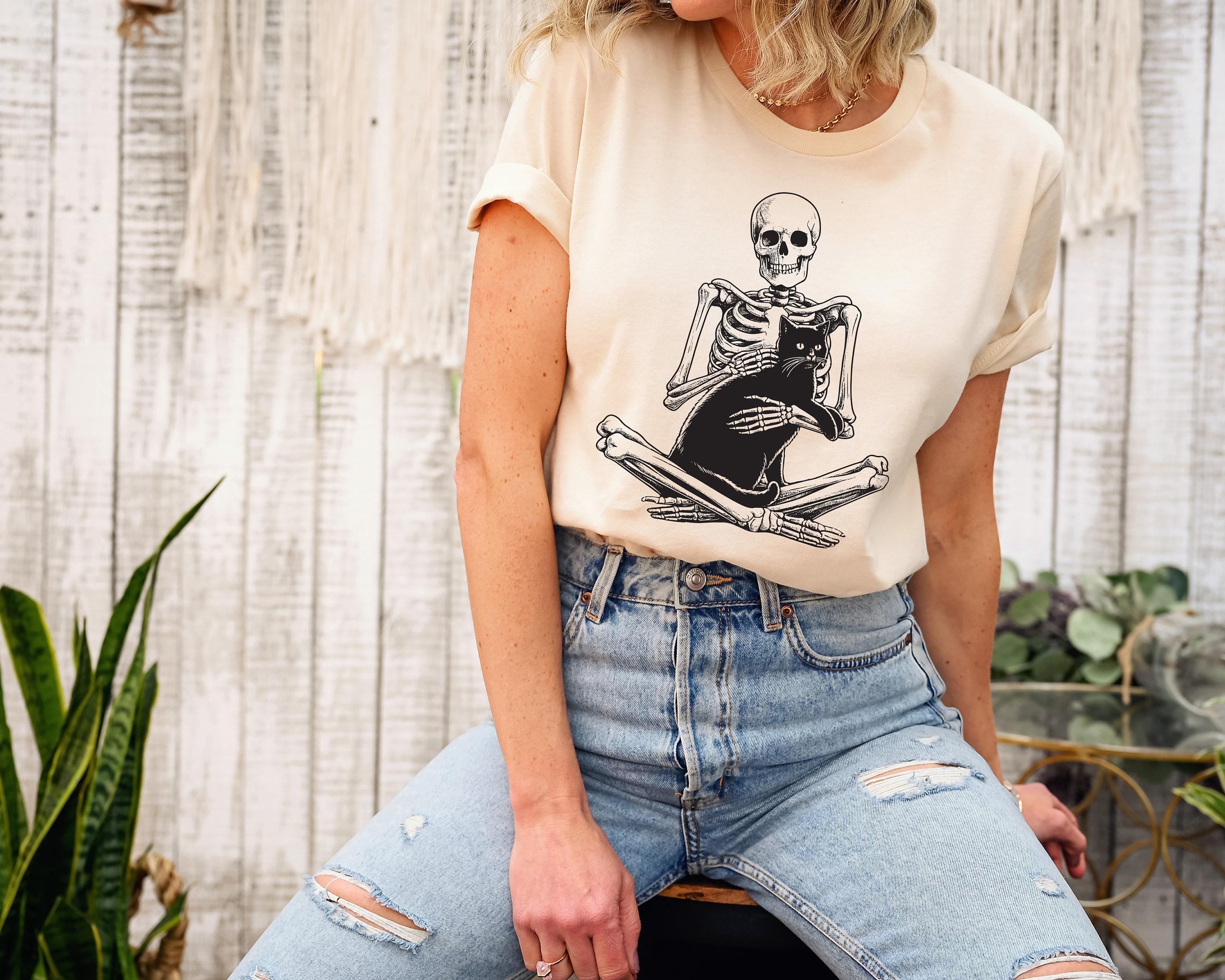 Skeleton Holding Cat Sweatshirt, Skeleton And Black Cat Shirt, Spooky Cat Lady Tee, Gothic Cat Owner Hoodie, Trendy Cat 