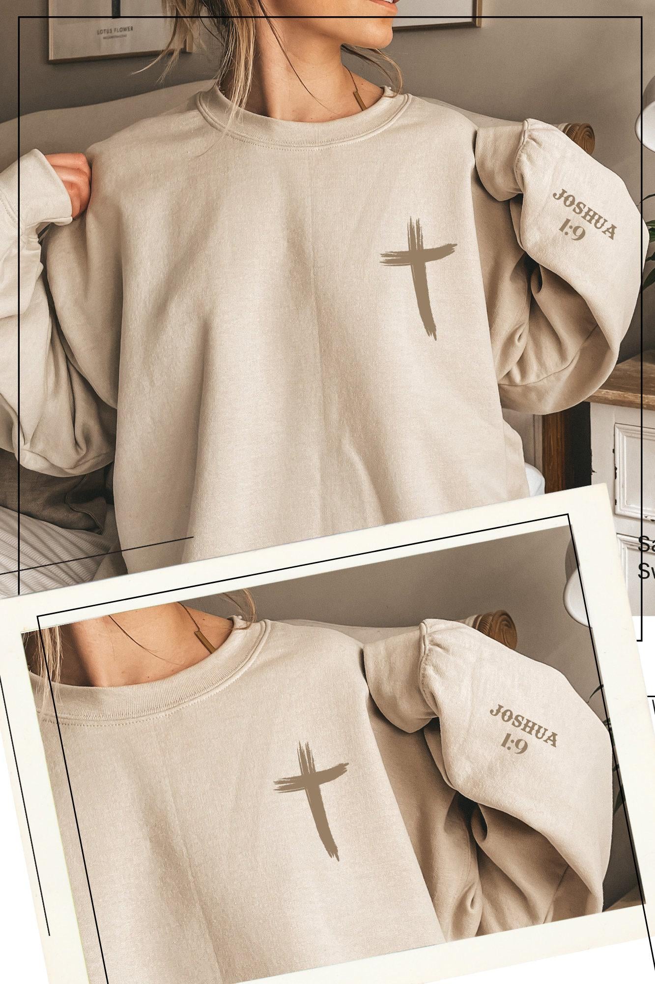 Custom Bible Verse On the Sleeve Sweatshirt, Christian Cross Print T-Shirt For Women, Sunday Church Hoodie, Christian Couple Gift