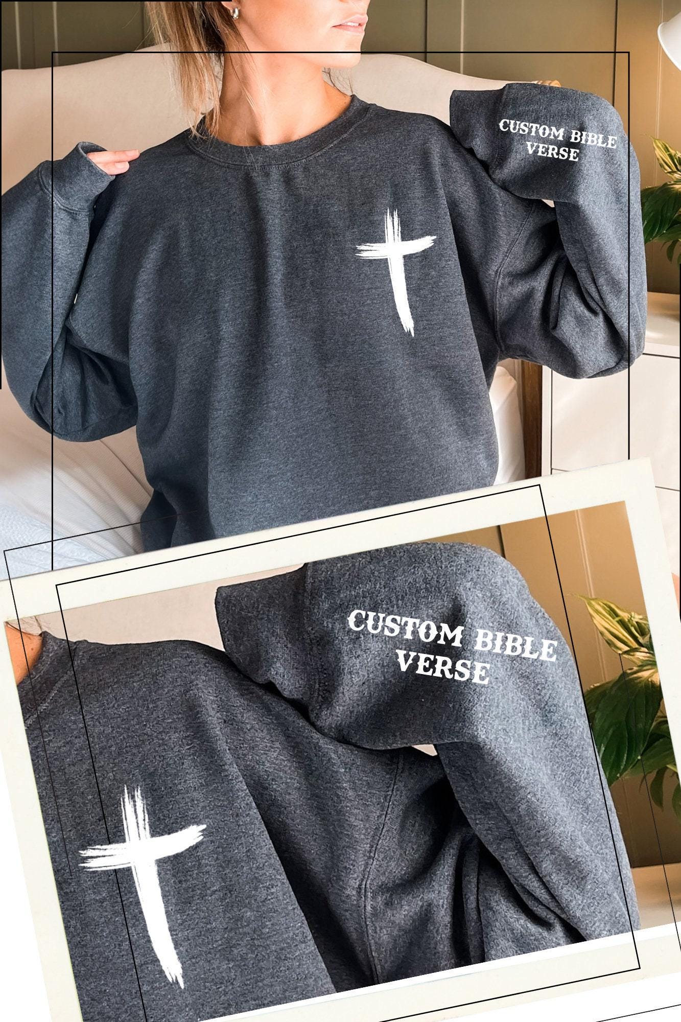 Custom Bible Verse On the Sleeve Sweatshirt, Christian Cross Print T-Shirt For Women, Sunday Church Hoodie, Christian Couple Gift