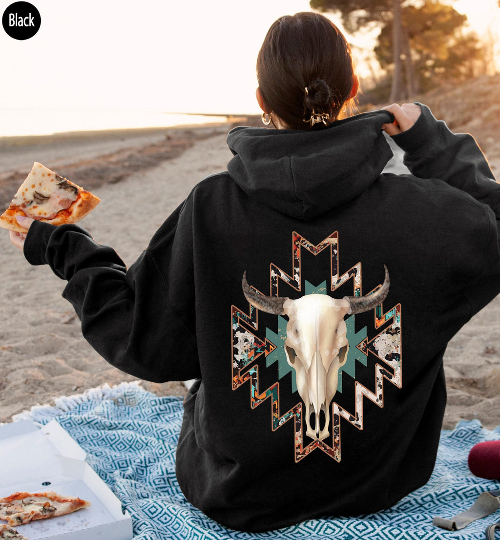 Aesthetic Bull Skull Hoodie, Women's Country Sweatshirt, Cowboy Rodeo Shirt, Cowgirl Shirt, Bullhead Tshirt, Trendy Western Shirt