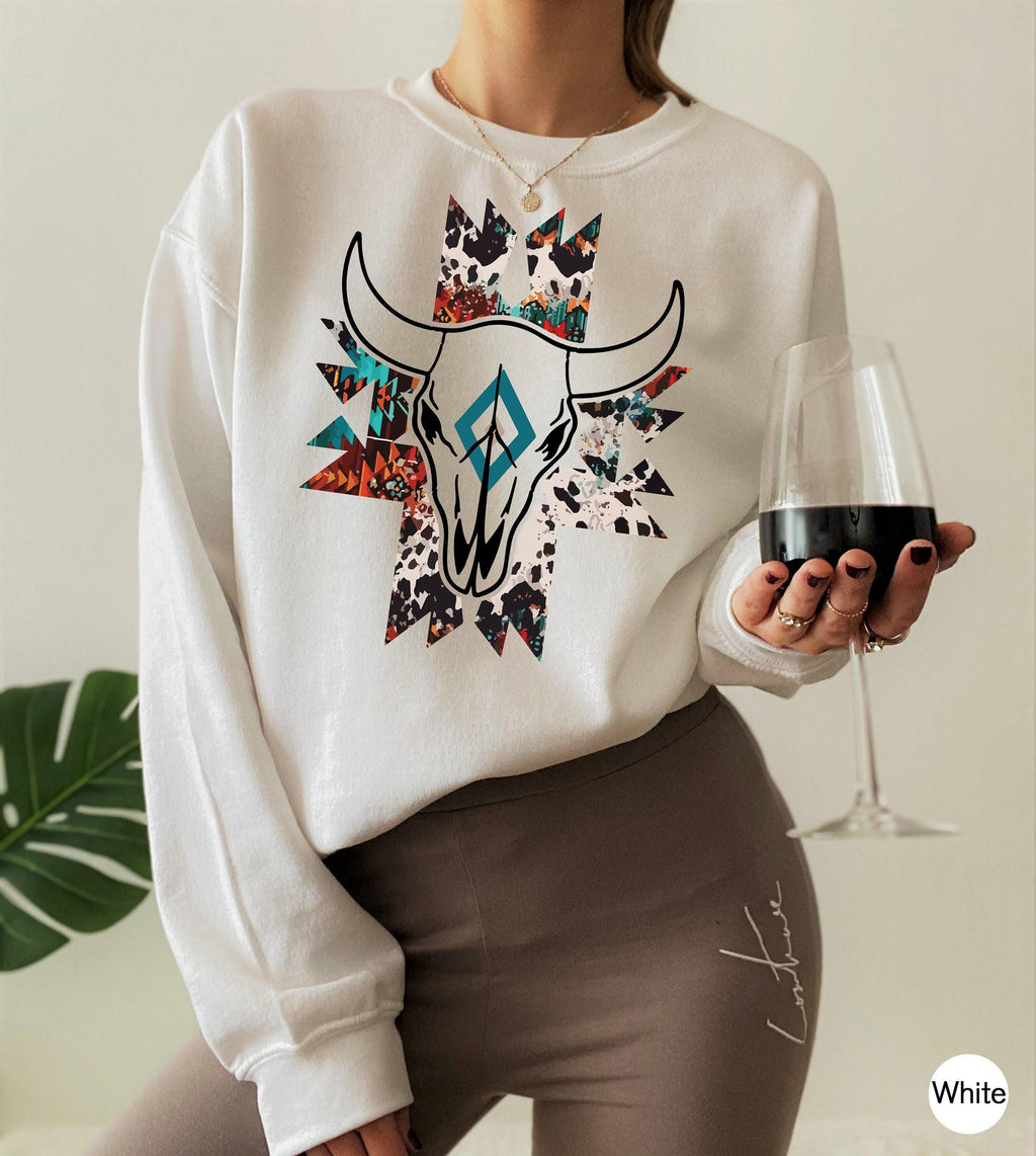 Boho Bull Skull Shirt, Women's Country Shirt, Wallen Sweatshirts, Cowboy Rodeo Shirt, Cowgirl Shirts, Country Hoodie, Cowskull Shirts