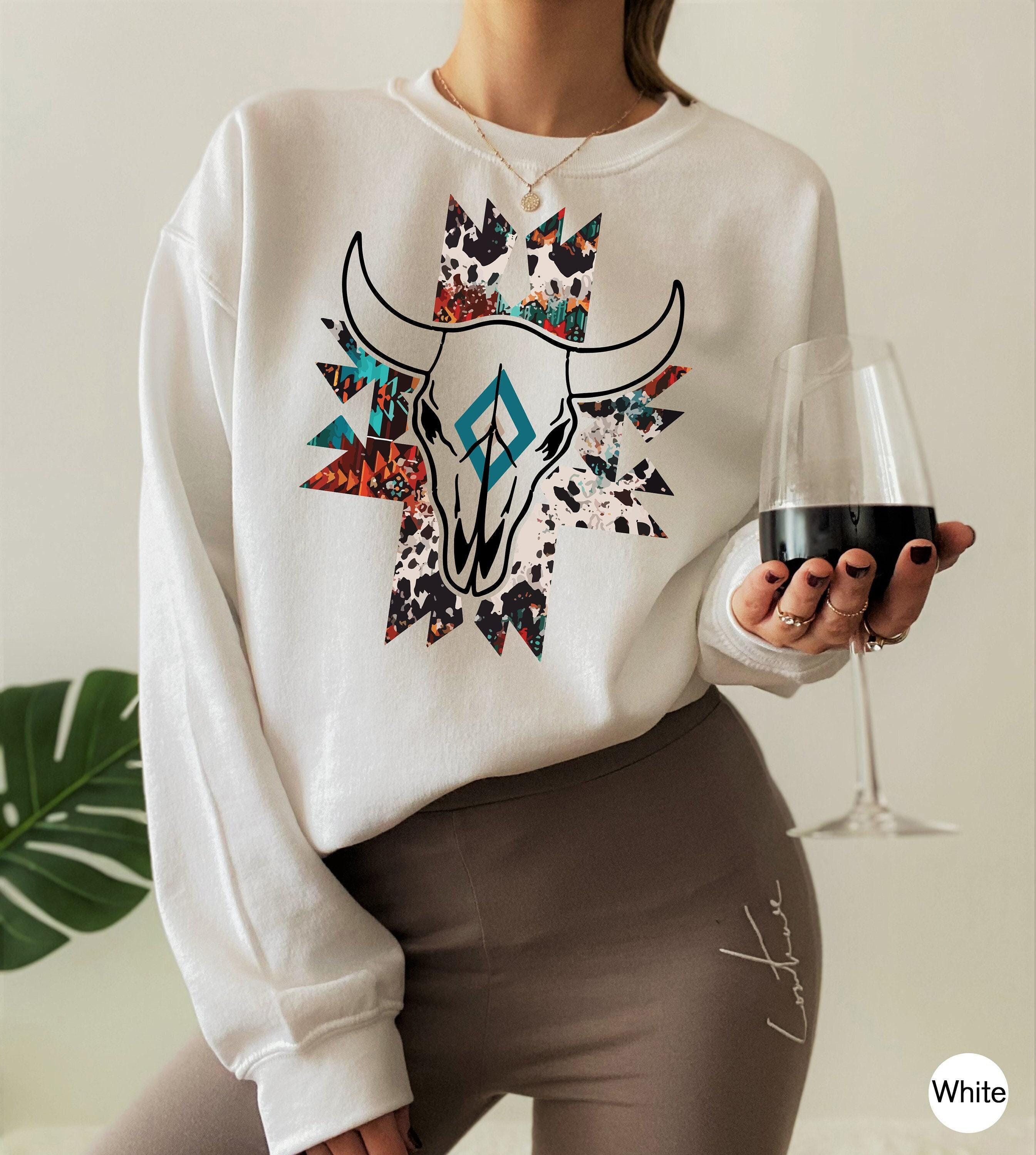 Boho Bull Skull Shirt, Women's Country Shirt, Wallen Sweatshirts, Cowboy Rodeo Shirt, Cowgirl Shirts, Country Hoodie, Cowskull Shirts