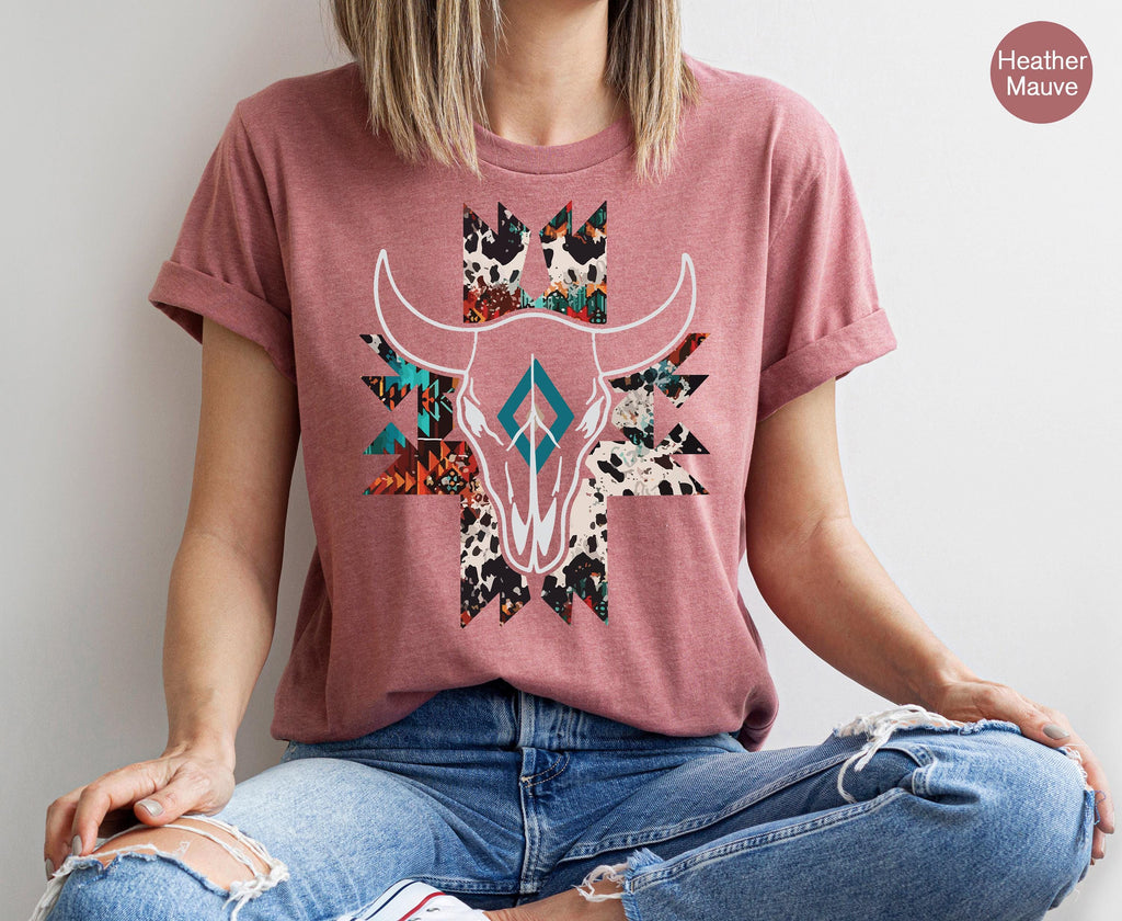 Boho Bull Skull Shirt, Women's Country Shirt, Wallen Sweatshirts, Cowboy Rodeo Shirt, Cowgirl Shirts, Country Hoodie, Cowskull Shirts