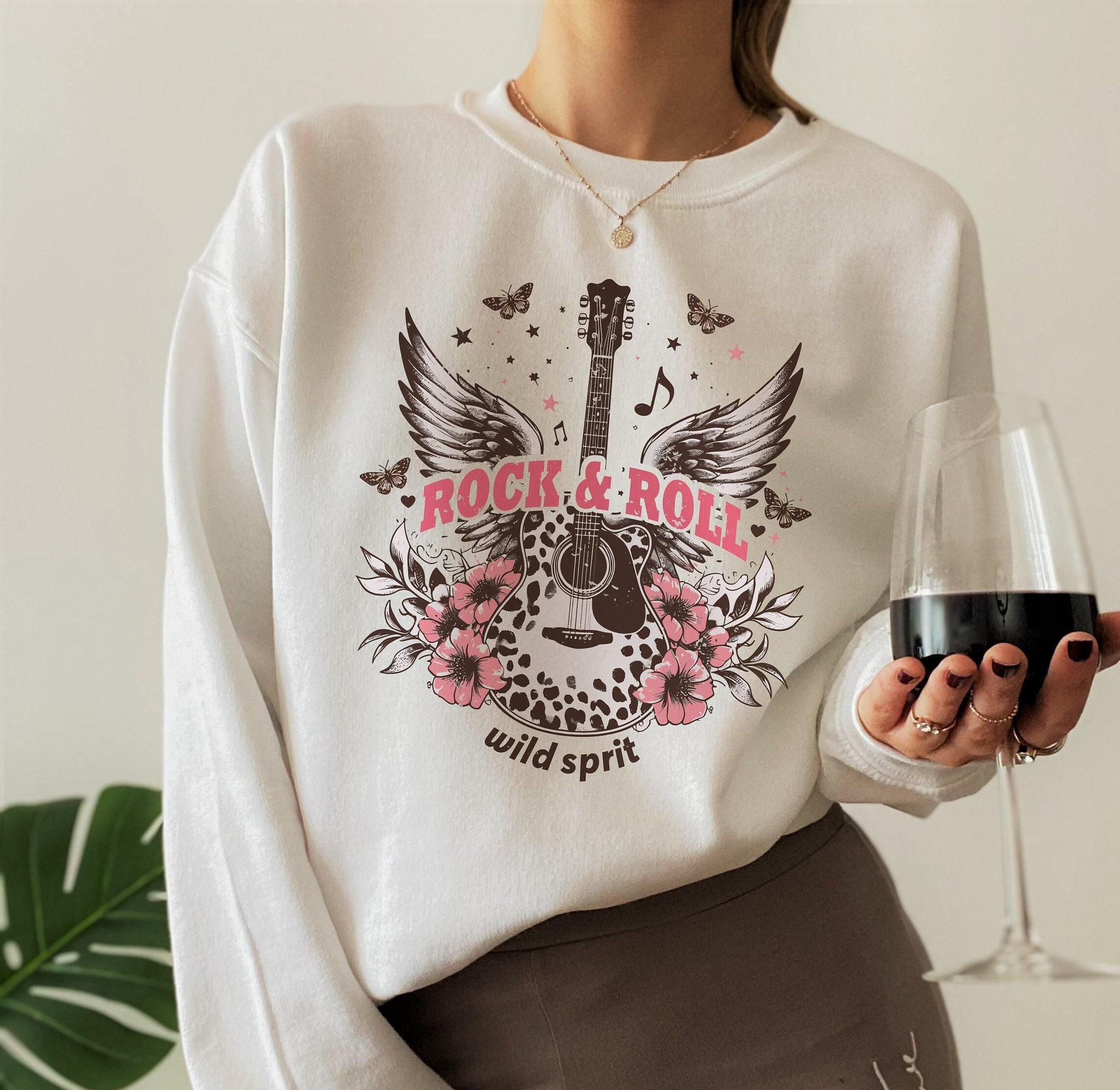 Rock And Roll Wild Sprit Tees, Trendy Rock Guitar Sweatshirts, Flying Flowers Themed Hoodie, Music Lover Shirts, Gifts F
