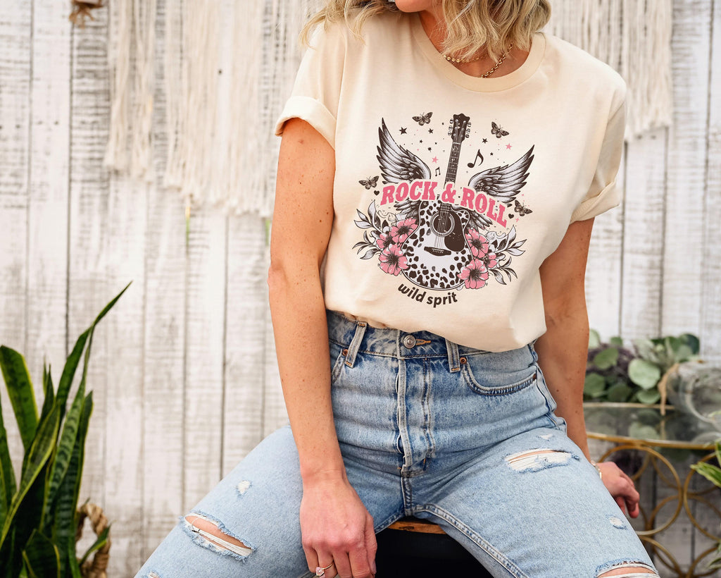 Rock And Roll Wild Sprit Tees, Trendy Rock Guitar Sweatshirts, Flying Flowers Themed Hoodie, Music Lover Shirts, Gifts For Girlfriend