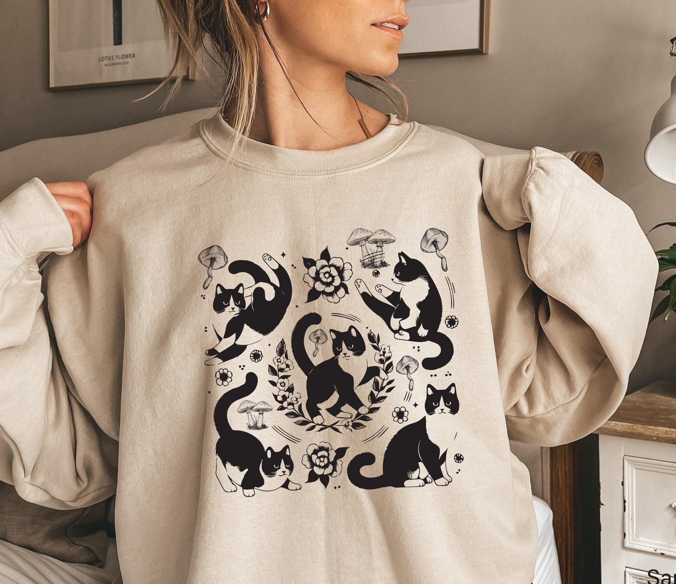 Cat And Mushroom Sweatshirt | Cottagecore Hoodie, Floral Cat Shirt, Vintage Kitten Sweater, Cat Lover Gift, Cat Mom Gift