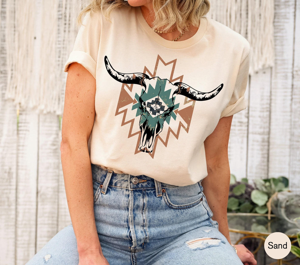 Boho Bull Skull Shirt | Women's Country Shirt, Western Graphic Tee, Country Concert Tee, Country Music Shirt, Country Vibes Shirt, Cowgirl