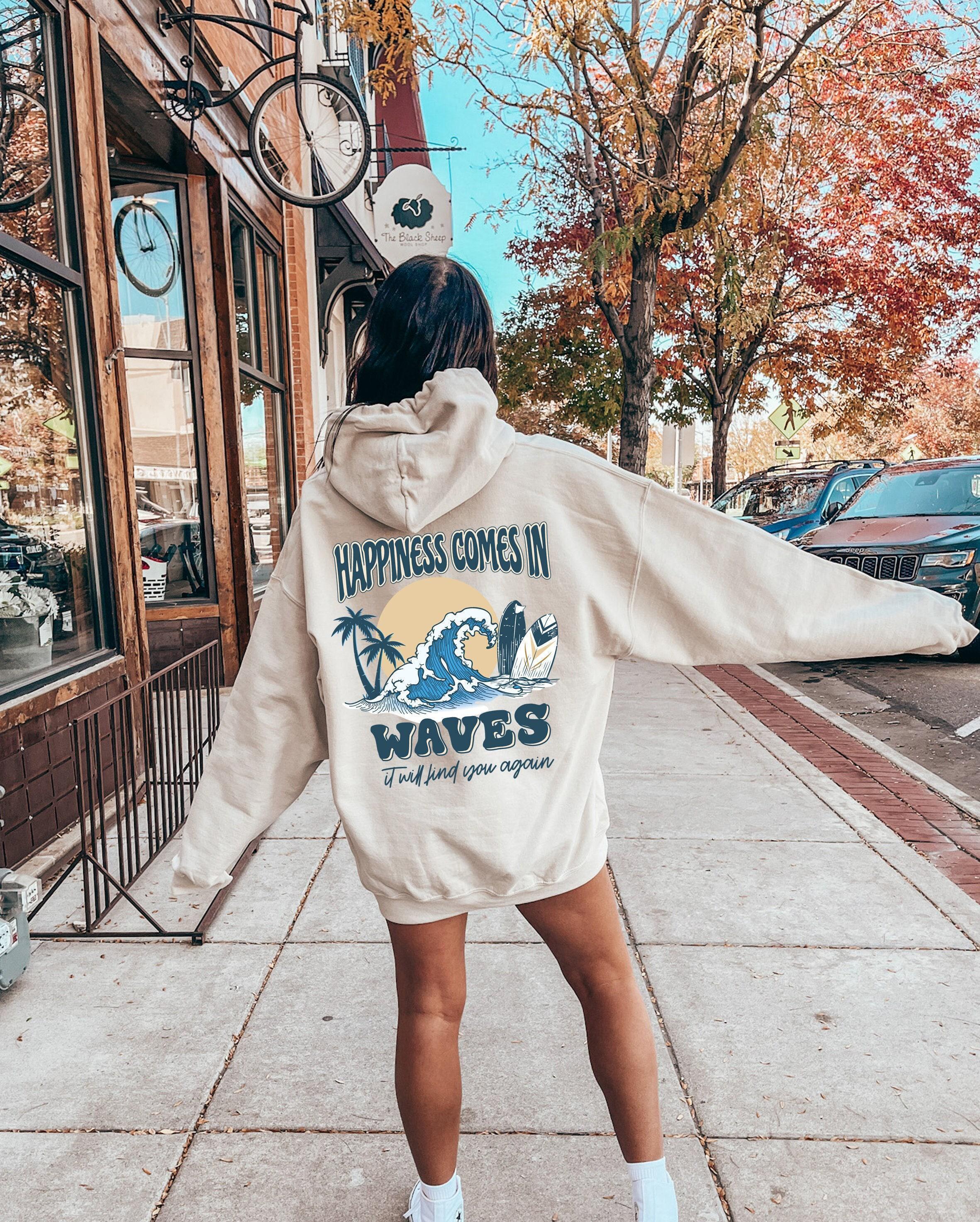 Happiness Comes In Waves Hoodie, Women's Aesthetic Sweatshirt,  Hoodie, Retro Summer Tshirt, Coconut Girl Shirt, Best Fr