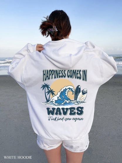 Happiness Comes In Waves Hoodie, Women's Aesthetic Sweatshirt,  Hoodie, Retro Summer Tshirt, Coconut Girl Shirt, Best Friend Gifts