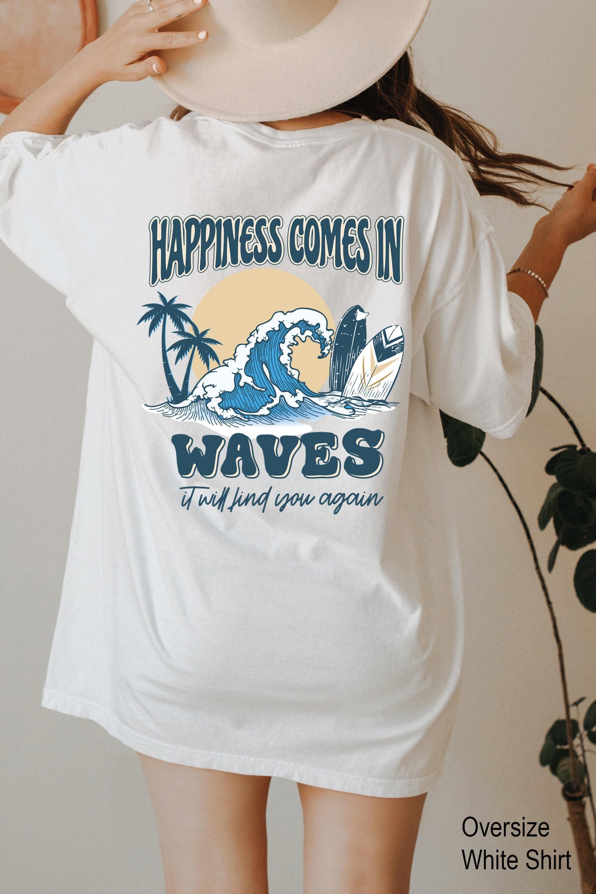 Happiness Comes In Waves Hoodie, Women's Aesthetic Sweatshirt,  Hoodie, Retro Summer Tshirt, Coconut Girl Shirt, Best Friend Gifts