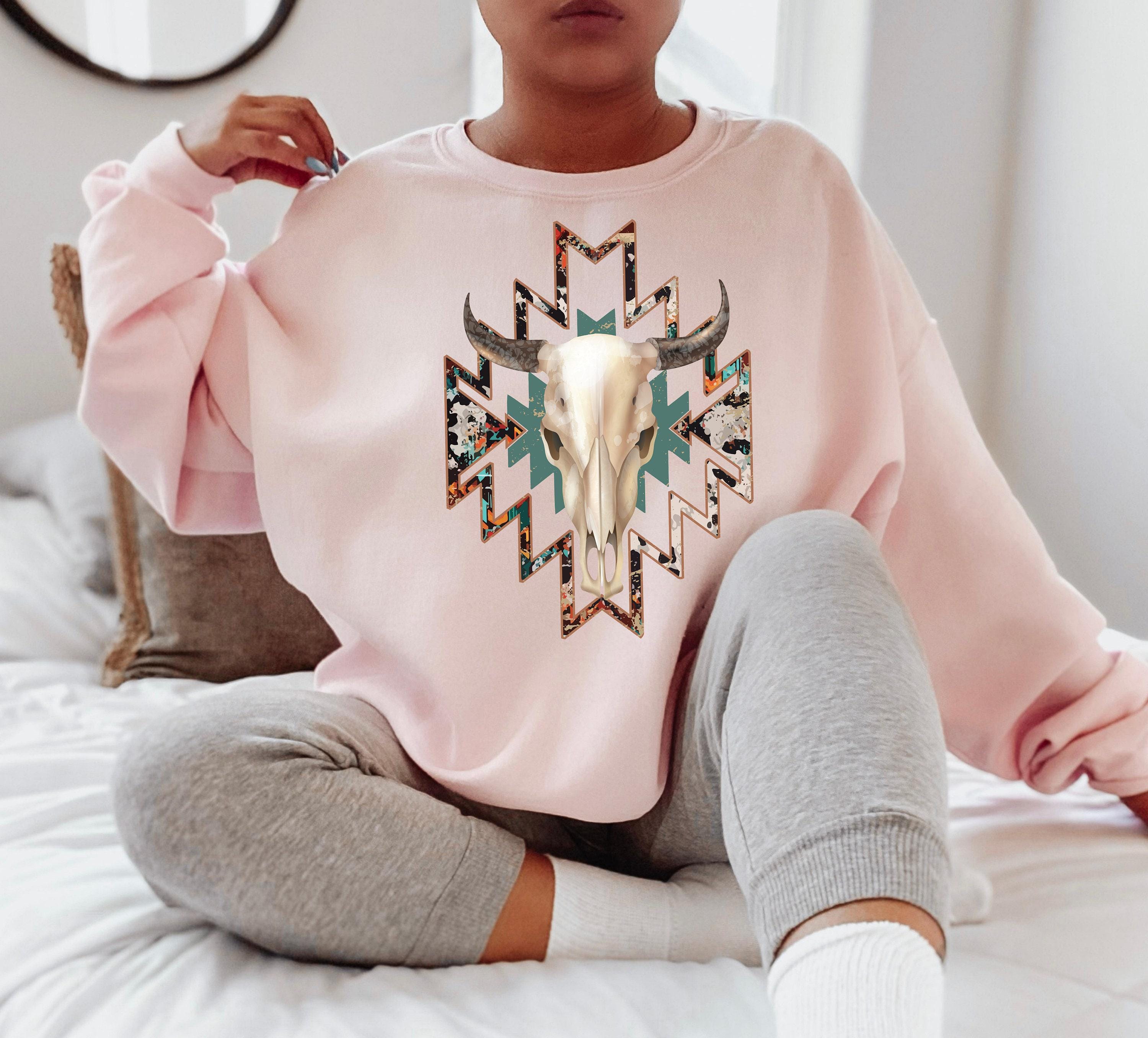 Boho Floral Bull Skull Sweatshirt, Western Cowgirl Hoodie, Country Rodeo Tops
