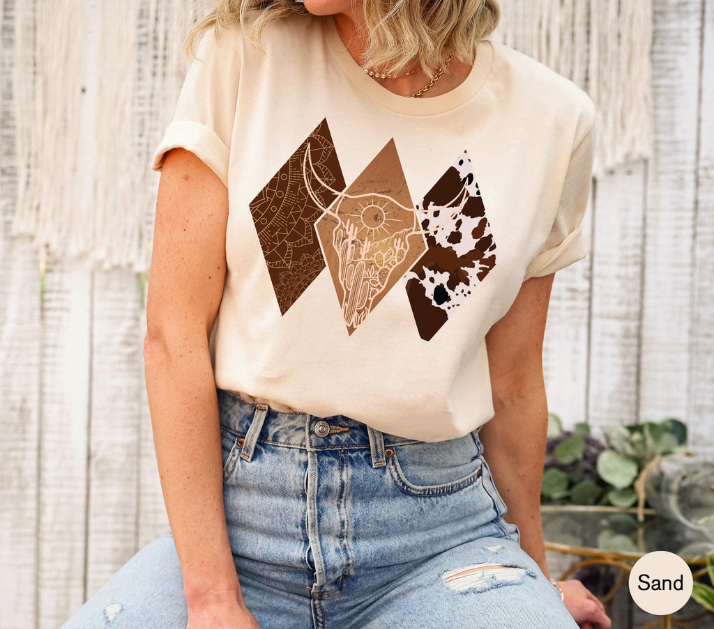 Boho Bull Skull Shirt | Women's Country Shirt, Western Graphic Tee, Trendy Desert Tshirt, Country Concert Tee, Aesthetic Sweatshirt